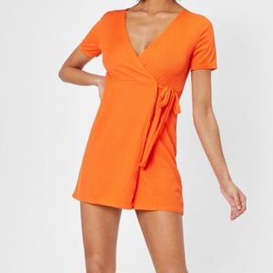 Ribbed V Neck Mini Wrap Dress